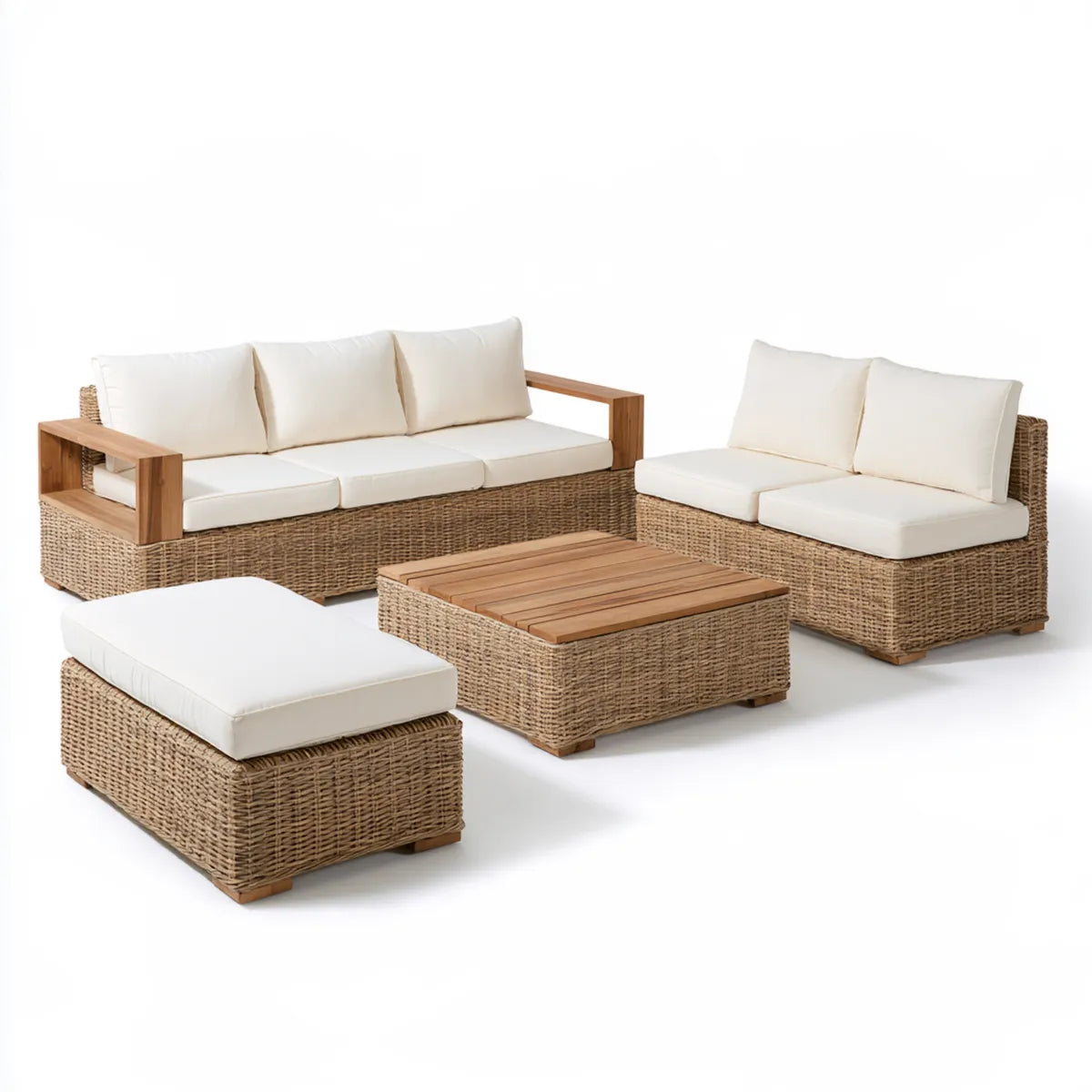 4-Piece Outdoor Patio Sofa Set with Coffee Table and Ottoman, Natural PE Wicker and Solid Acacia Wood, 211 cm 3-Seat Sofa, 150 cm Loveseat