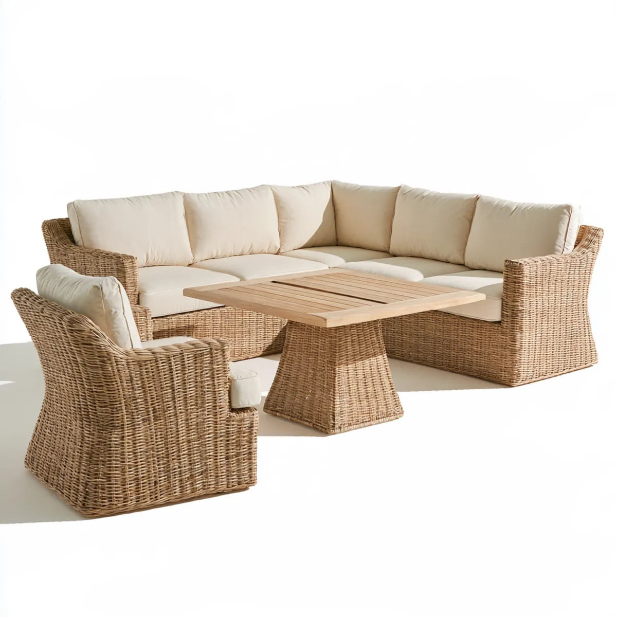 Outdoor Wicker 5-Piece Sectional Sofa Set with Armchair and Acacia Wood Coffee Table, Natural Brown/Beige, 270 x 270 cm