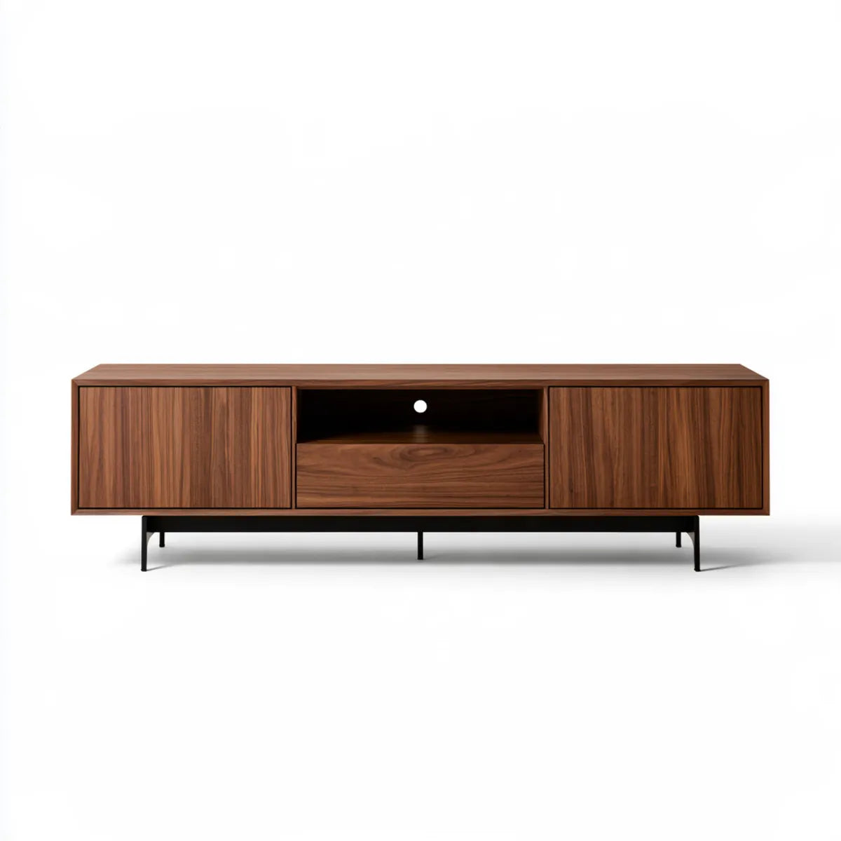70.9 in Walnut Veneer MDF TV Stand Media Console with Black Steel Legs