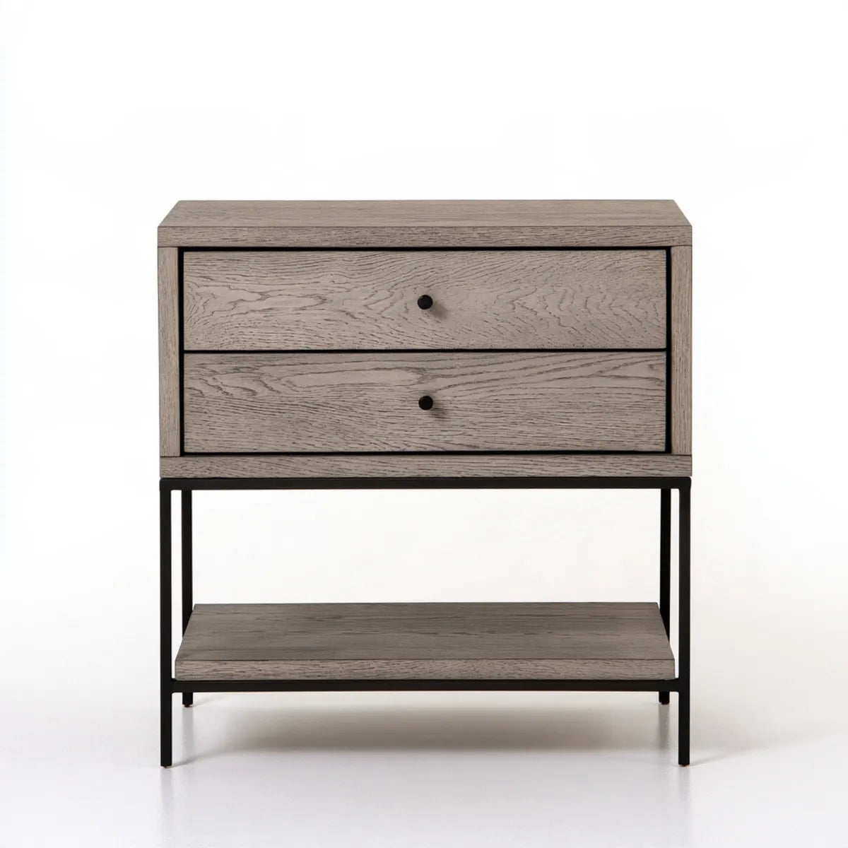 Two-Drawer Nightstand, 28 in W x 18 in D x 28 in H, Gray Oak Veneer and Black Steel