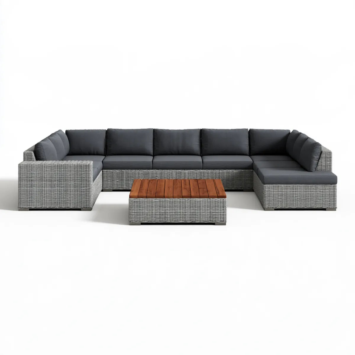 7-Piece Outdoor U-Shaped Sectional Sofa Set, 330 x 200 x 65 cm, Gray PE Rattan with Dark Gray Cushions and Acacia Wood Coffee Table