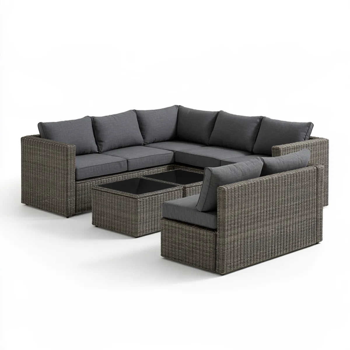 6-Seat Outdoor PE Rattan Sectional Sofa Set with Armchair and Tempered Glass Coffee Table, Gray-Brown/Dark Gray/Black, 102.4 x 78.7 x 25.6 in