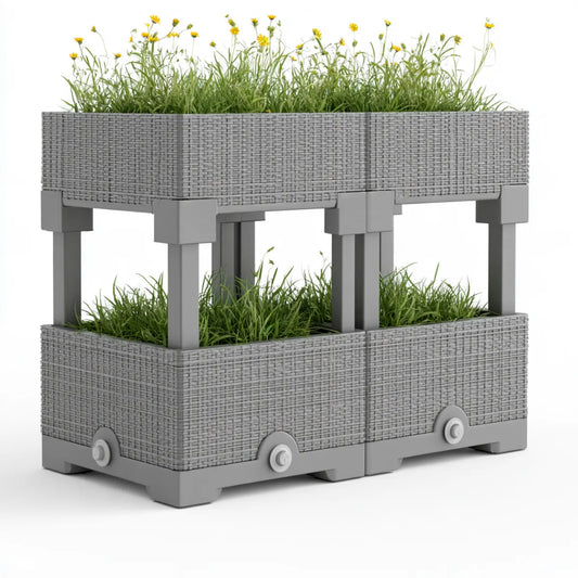 2-Tier Raised Garden Planter with Wheels, 80 x 40 x 80 cm, Gray Polypropylene Rectangular Planter