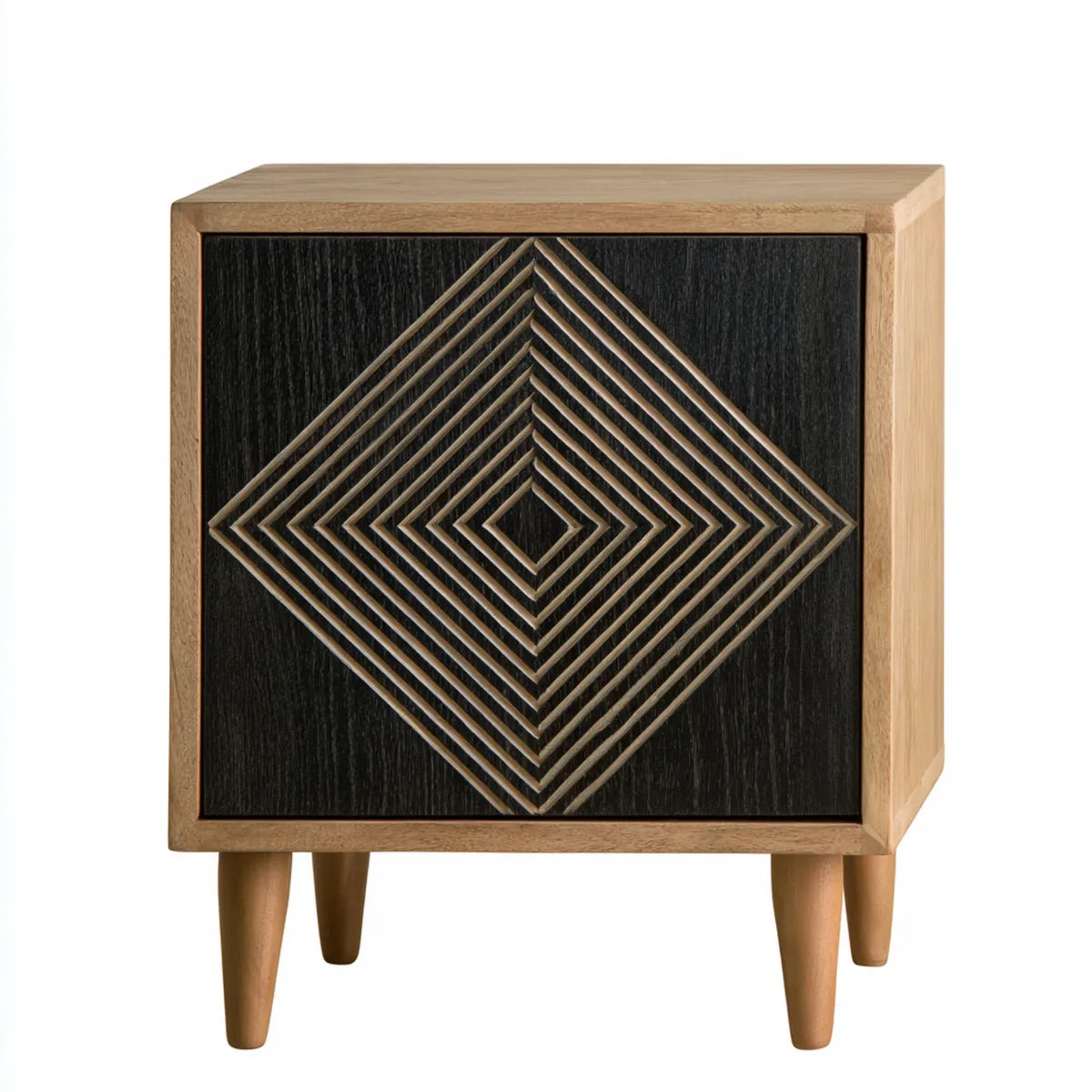 Solid Mango Wood Nightstand with Single Door, 18 in W x 15 in D x 24 in H, Natural and Black