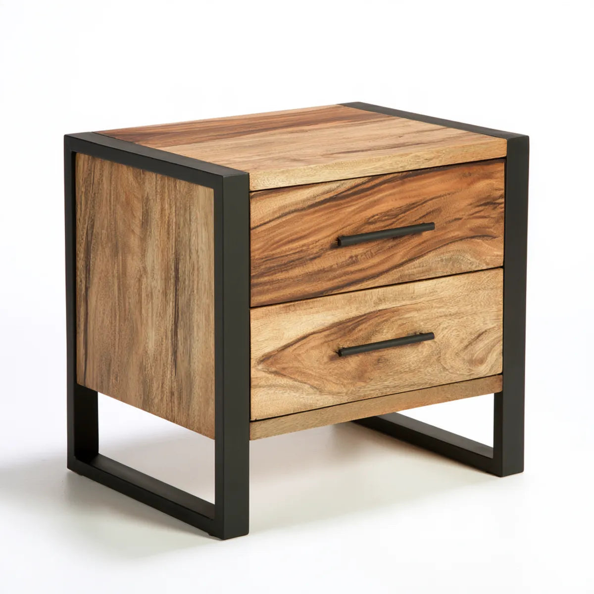 2-Drawer Nightstand, 20 x 16 x 22 in, Natural Solid Mango Wood and Black Powder-Coated Iron