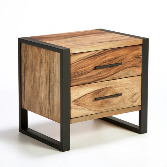 2-Drawer Nightstand, 20 x 16 x 22 in, Natural Solid Mango Wood and Black Powder-Coated Iron