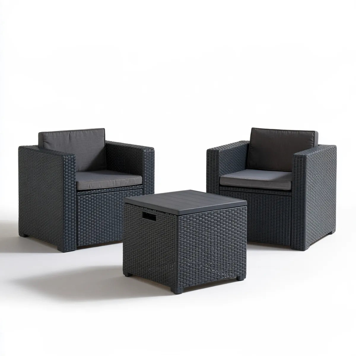 3-Piece Outdoor Patio Conversation Set with 2 PE Rattan Armchairs and Square Coffee Table, Black/Dark Gray, Chairs 26.4 x 25.6 x 30.7 in