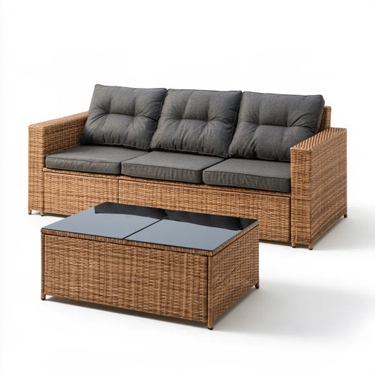2-Piece Outdoor PE Rattan Sofa Set with Coffee Table, Brown/Gray/Black, Sofa 70.9 x 27.6 x 29.5 in, Table 47.2 x 23.6 x 15.0 in
