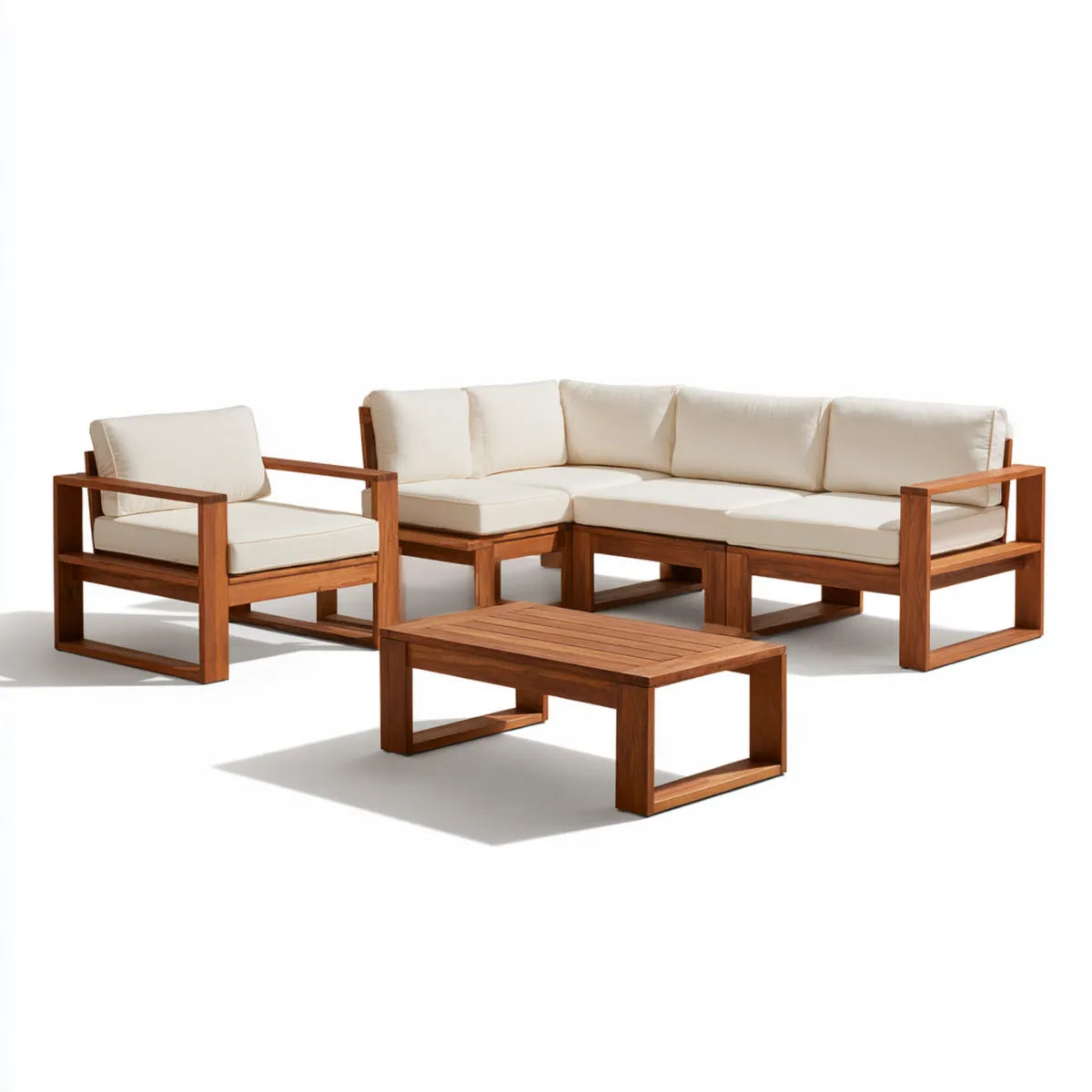 4-Piece Outdoor L-Shaped Sectional Sofa Set with Coffee Table, Solid Acacia Wood, Natural Brown/Cream, 102 x 72 x 32 Inches