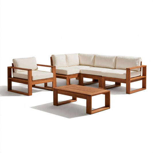 4-Piece Outdoor L-Shaped Sectional Sofa Set with Coffee Table, Solid Acacia Wood, Natural Brown/Cream, 102 x 72 x 32 Inches