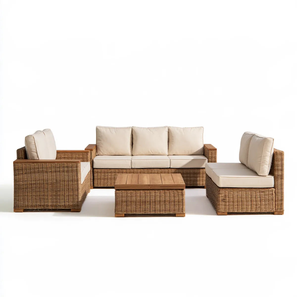 4-Piece Outdoor PE Rattan Patio Conversation Set with 80 x 32 x 31.5 in 3-Seat Sofa, 2 Armchairs and Coffee Table, Natural Brown/Beige