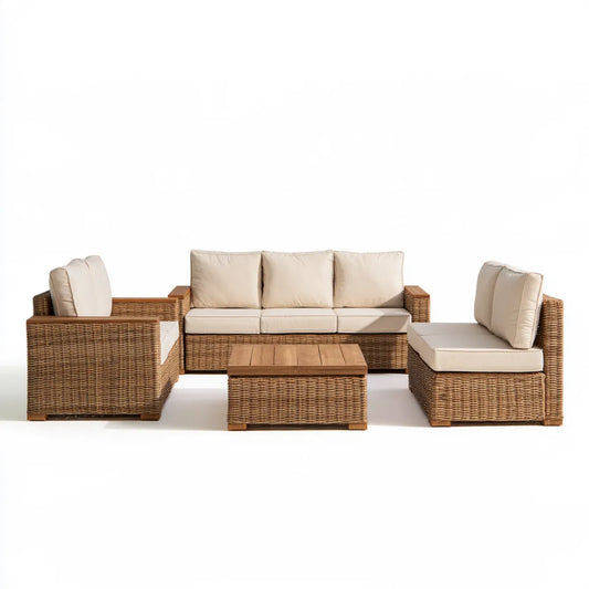 4-Piece Outdoor PE Rattan Patio Conversation Set with 80 x 32 x 31.5 in 3-Seat Sofa, 2 Armchairs and Coffee Table, Natural Brown/Beige