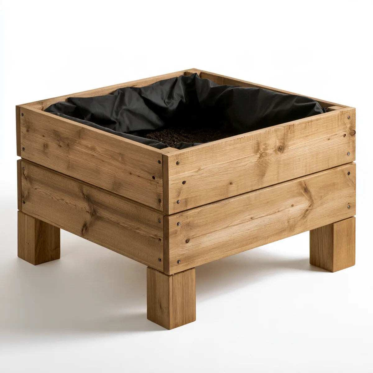 Raised Garden Planter Box, 80 x 80 x 60 cm, Natural Solid Fir Wood Square Planter with Black PE Liner