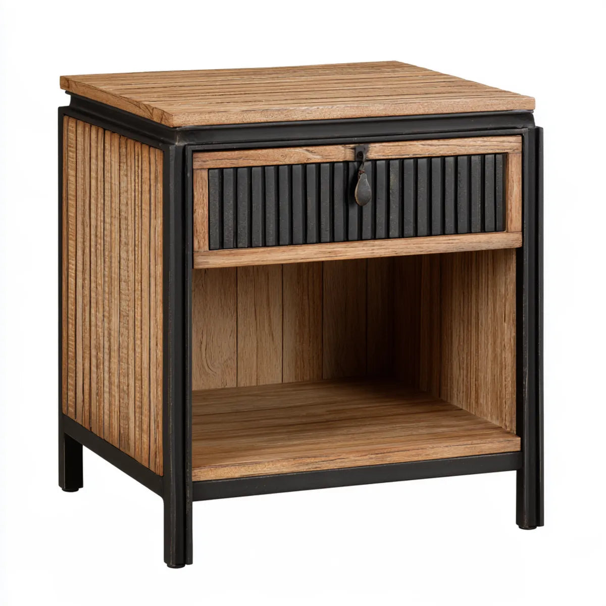 Solid Mango Wood Nightstand with Drawer and Open Shelf, 20 x 16 x 24 in, Brown and Black