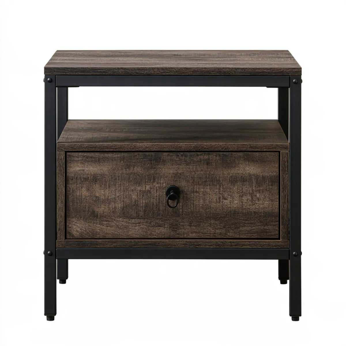 Industrial Nightstand with Drawer and Open Shelf, 22 x 16 x 24 in, Brown Particleboard and Black Steel