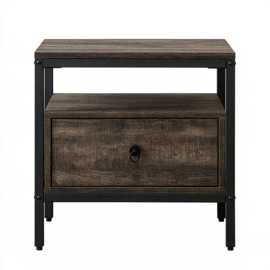 Industrial Nightstand with Drawer and Open Shelf, 22 x 16 x 24 in, Brown Particleboard and Black Steel