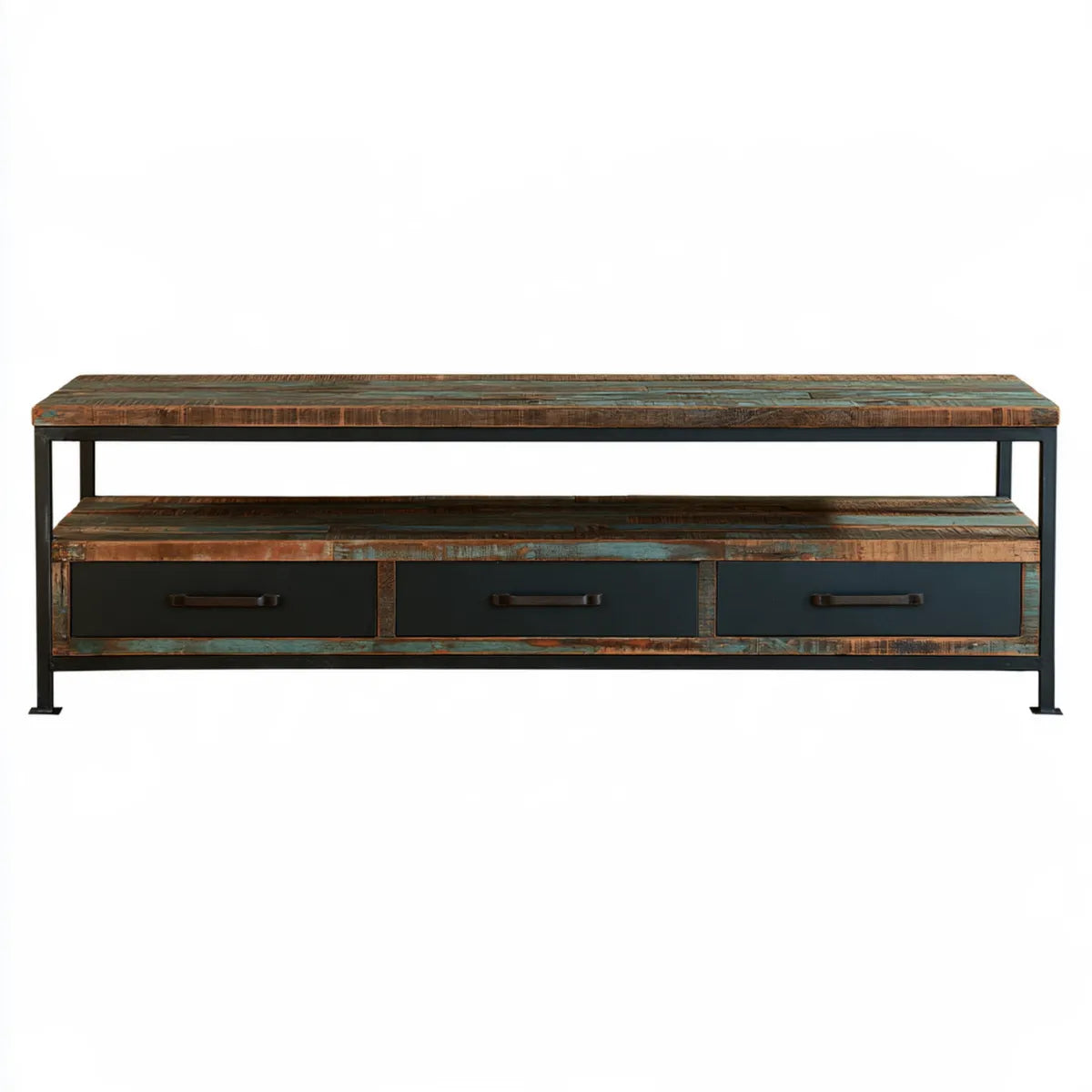 63 x 16 x 22 in Multicolor Reclaimed Solid Wood TV Stand with Open Shelf and 3 Drawers