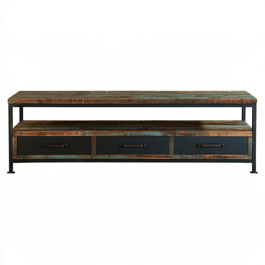 63 x 16 x 22 in Multicolor Reclaimed Solid Wood TV Stand with Open Shelf and 3 Drawers