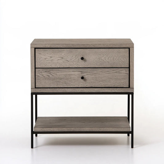 Two-Drawer Nightstand, 28 in W x 18 in D x 28 in H, Gray Oak Veneer and Black Steel