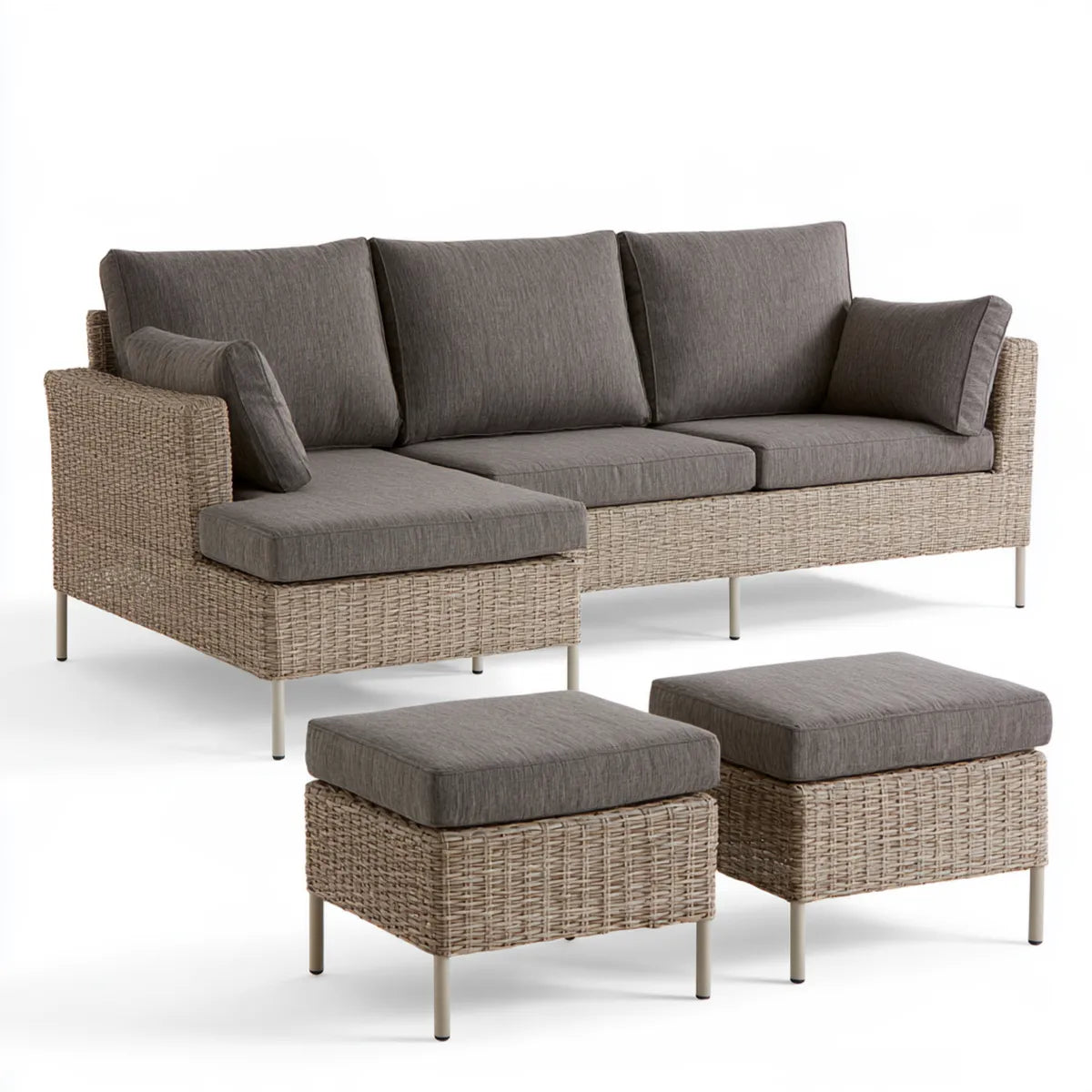 4-Piece Outdoor L-Shaped Sectional Sofa Set with 2 Ottomans, Gray Polyester Cushions, PE Wicker, 103.5 x 62.5 x 32 in