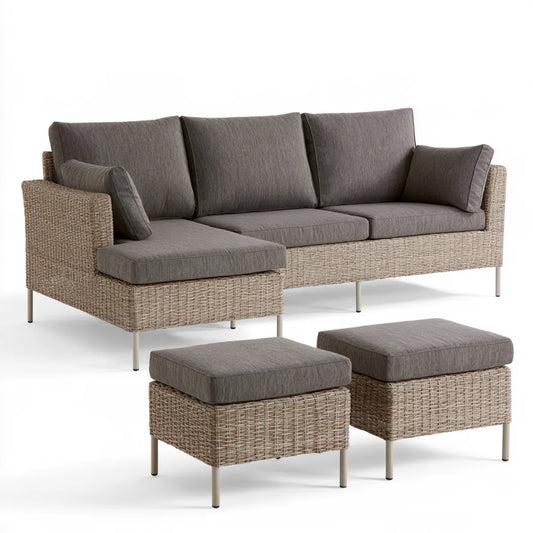 4-Piece Outdoor L-Shaped Sectional Sofa Set with 2 Ottomans, Gray Polyester Cushions, PE Wicker, 103.5 x 62.5 x 32 in