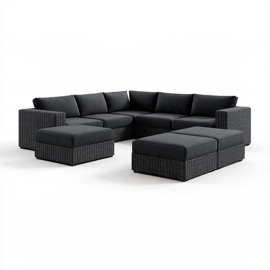5-Piece Outdoor PE Rattan Sectional Sofa Set with 2 Ottomans, Black, 116 x 87 x 30 in