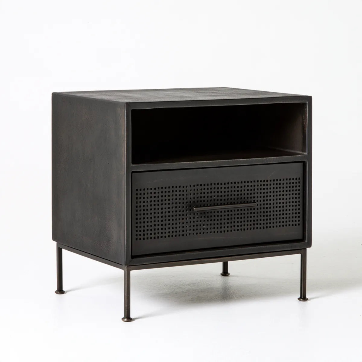 Black Steel Nightstand with Perforated Drawer and Open Shelf, 19.7 x 15.7 x 24.0 in