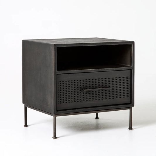 Black Steel Nightstand with Perforated Drawer and Open Shelf, 19.7 x 15.7 x 24.0 in