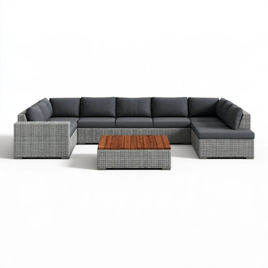 7-Piece Outdoor U-Shaped Sectional Sofa Set, 330 x 200 x 65 cm, Gray PE Rattan with Dark Gray Cushions and Acacia Wood Coffee Table