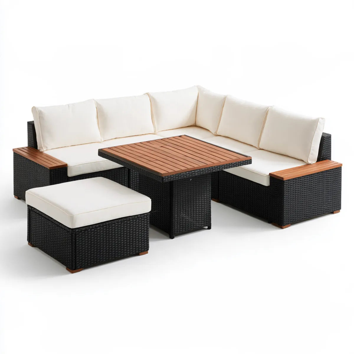 4-Piece Outdoor Patio Sectional Sofa Set, Black PE Rattan and Brown Acacia Wood, Cream Cushions, 74.8 x 74.8 x 25.6 in